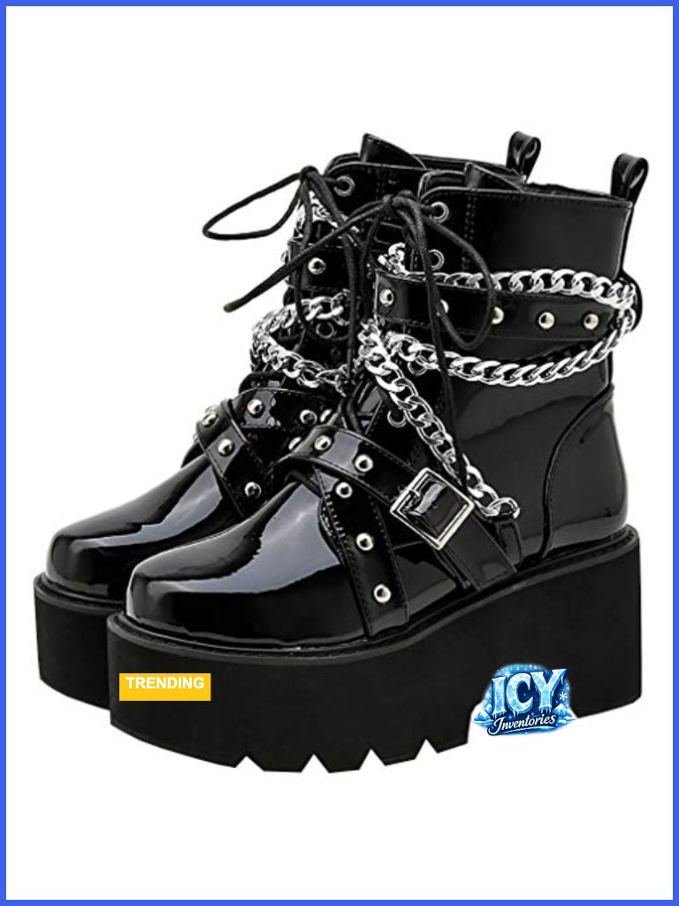 Patent Leather Platform Chunky High Heel Lace Up Combat Boots